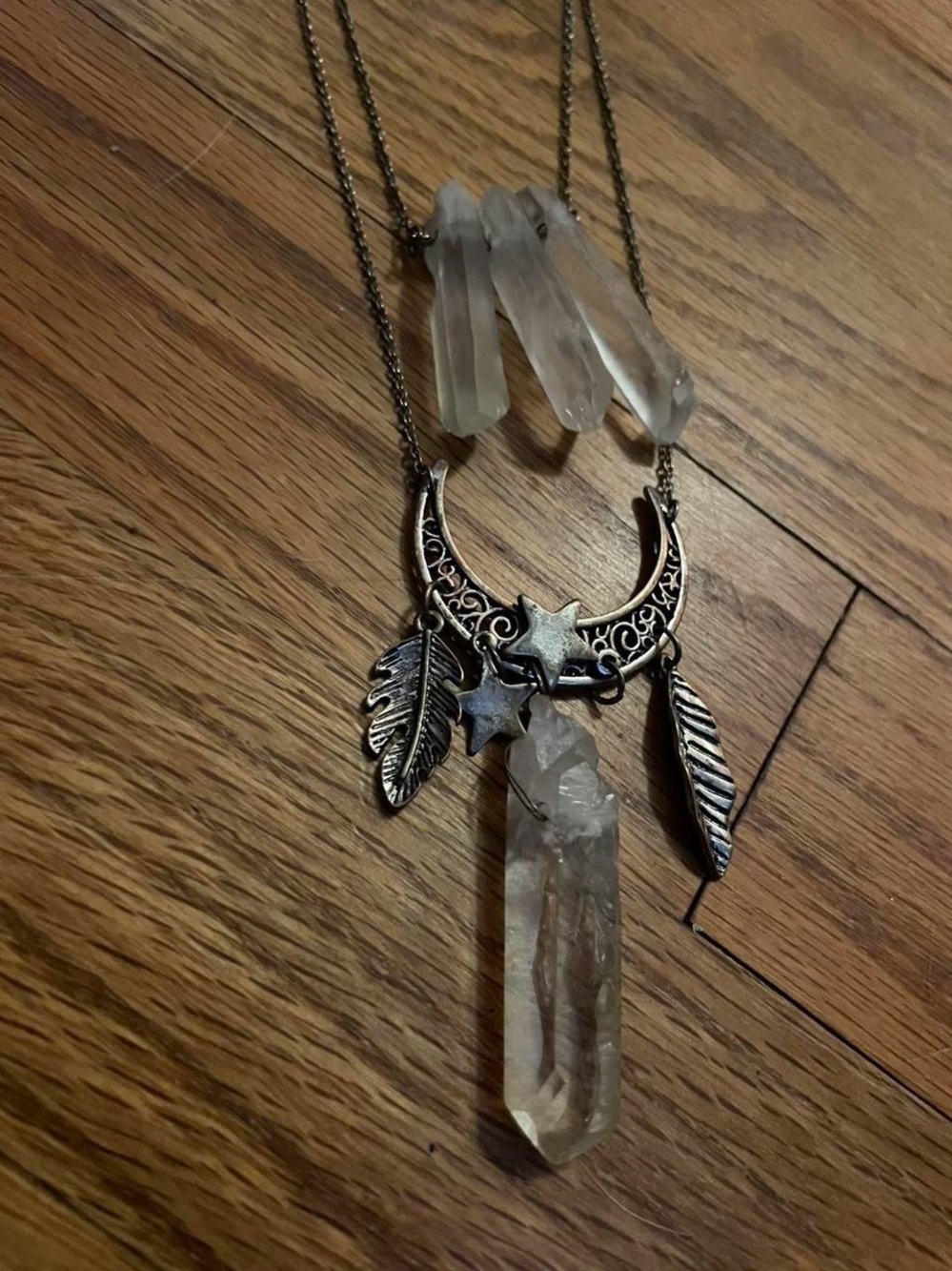Silver Moon & Crystal Pendant Necklace - Clear Quartz Accent